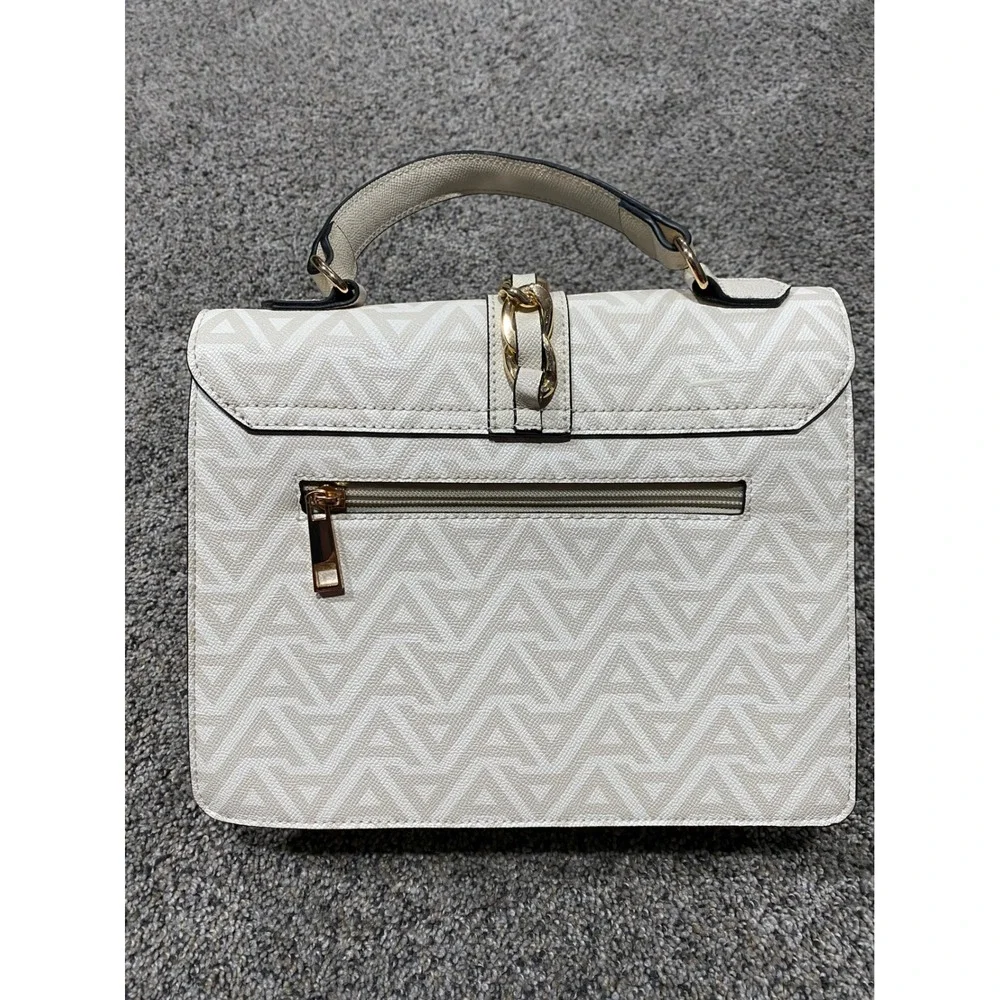 Aldo Satchel Handbag Womens Medium Cream Good Monogram Chain Turn-Lock Bag